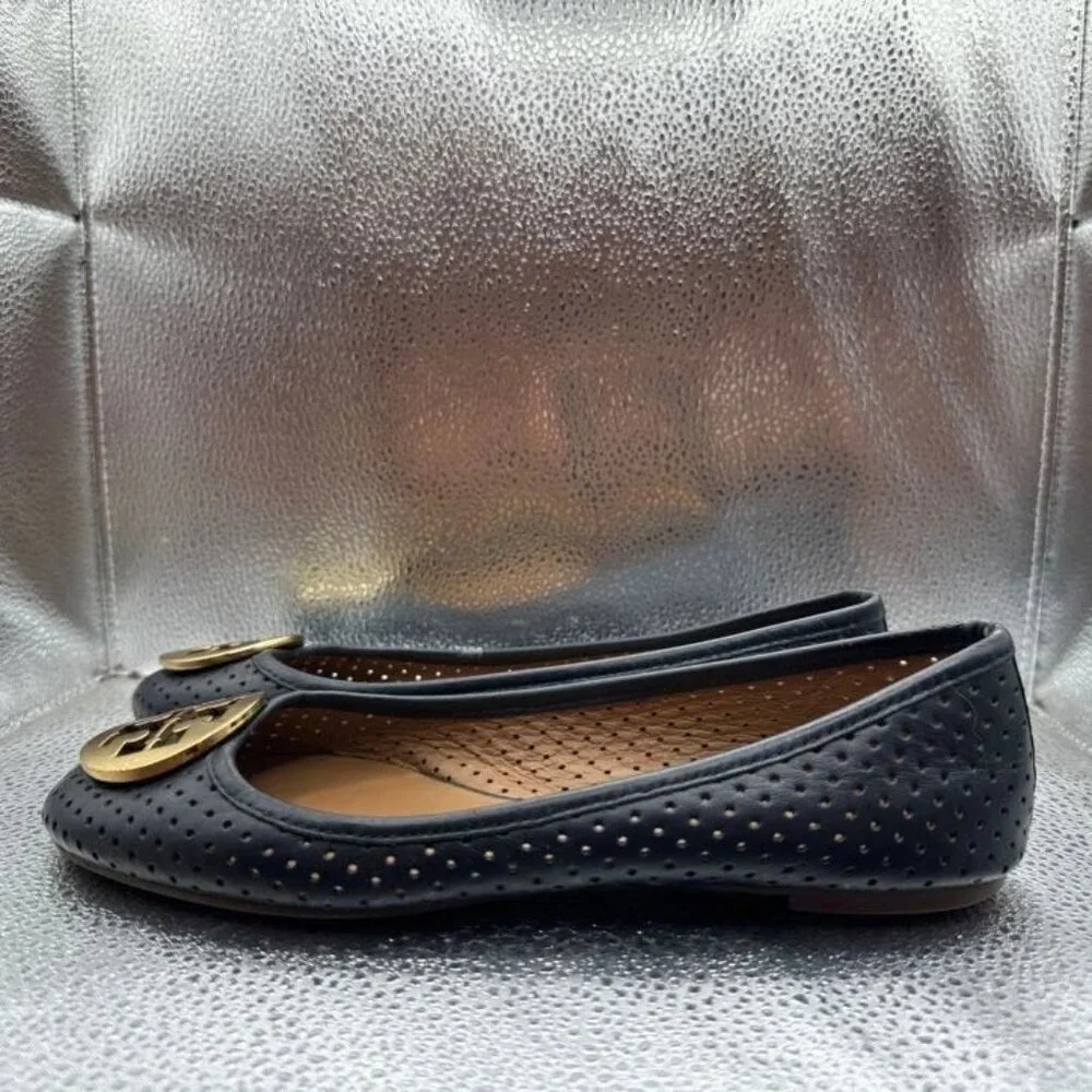 Sz 8 - Tory Burch Reva Perforated Womens Black Goldtone Logo Leather Flats‎